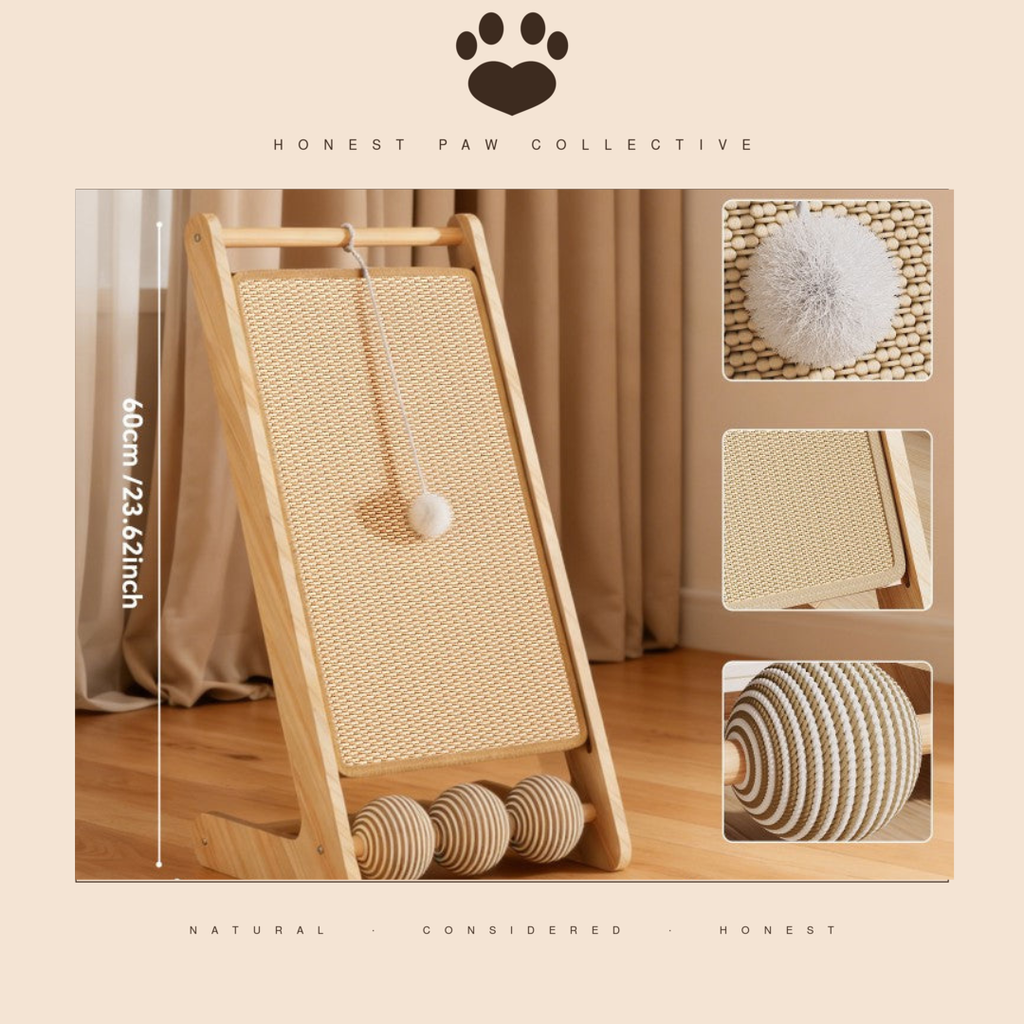 Honest Wood Sisal Cat Scratcher — 3-in-1 Board, Bed & Toy