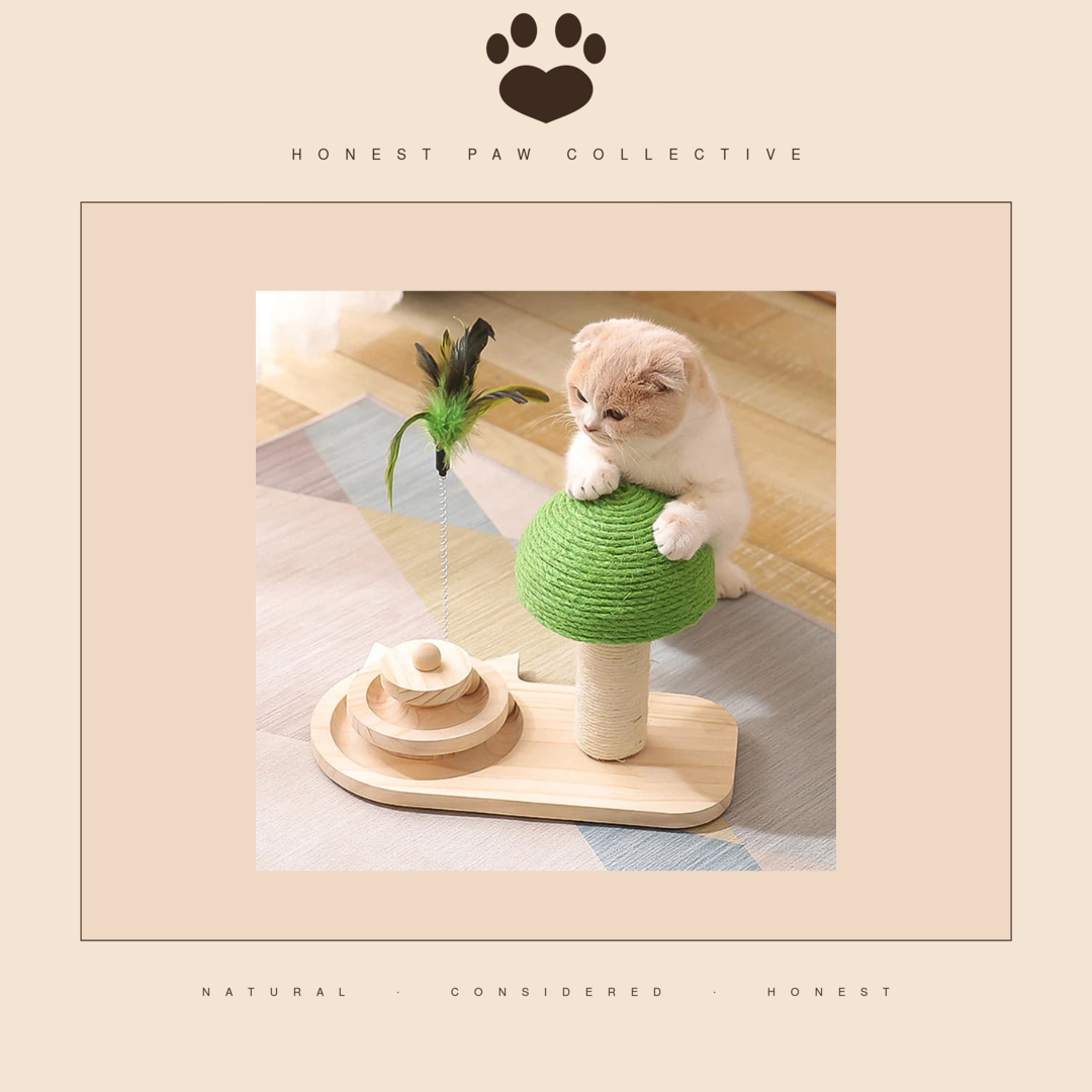 Sisal Play Tower — Wood Base, Scratch Post & Feather Teaser
