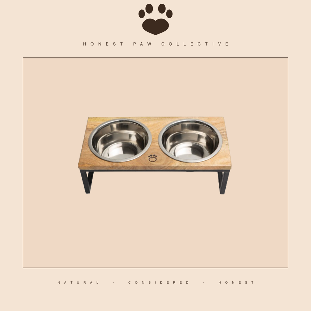 Mango Wood Elevated Feeder — Handcrafted, Dual Stainless Bowls