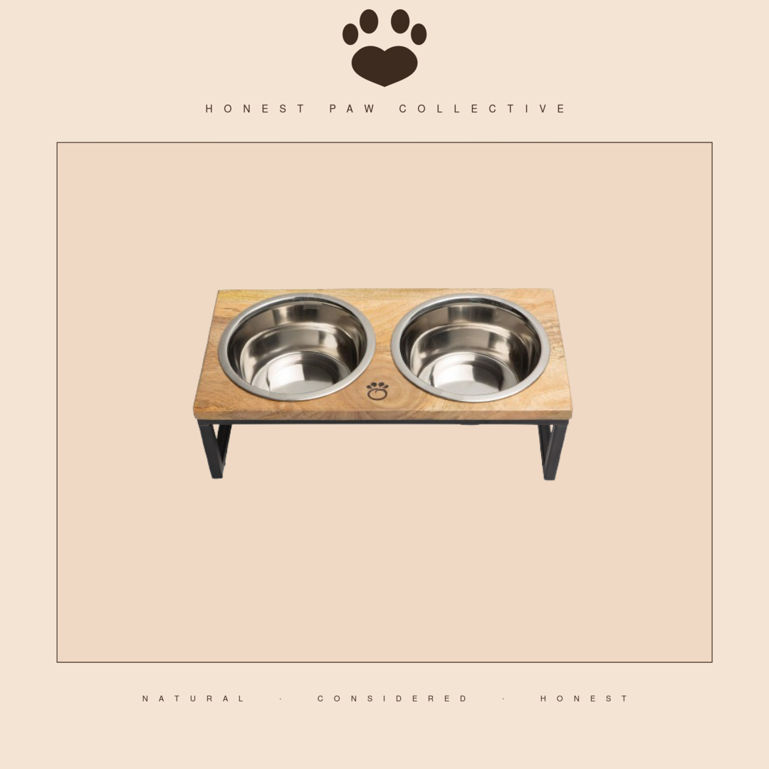 Mango Wood Elevated Feeder — Handcrafted, Dual Stainless Bowls