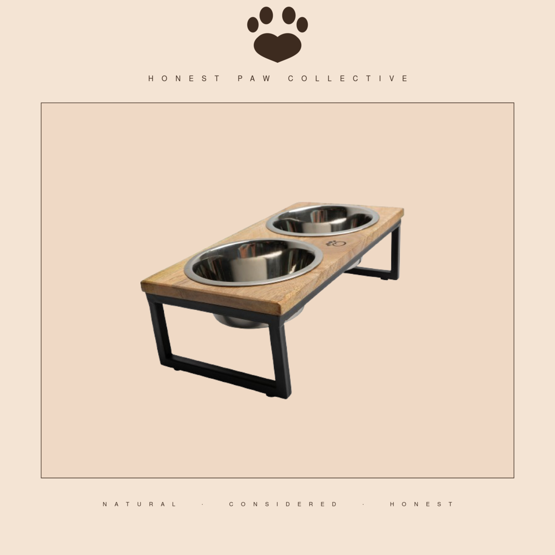 Mango Wood Elevated Feeder — Handcrafted, Dual Stainless Bowls