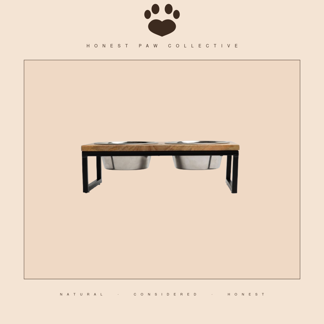 Mango Wood Elevated Feeder — Handcrafted, Dual Stainless Bowls